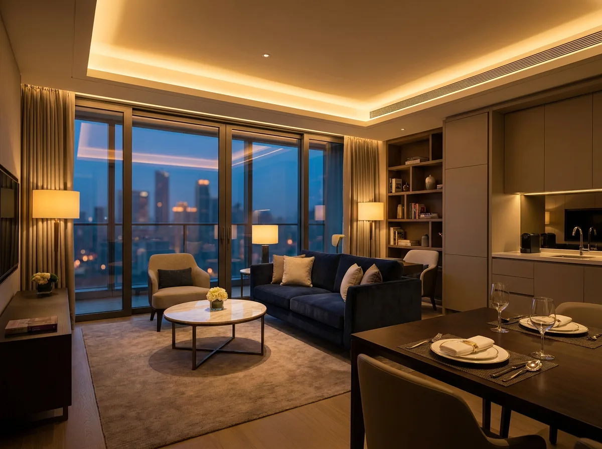 A styled serviced apartment interior at dusk